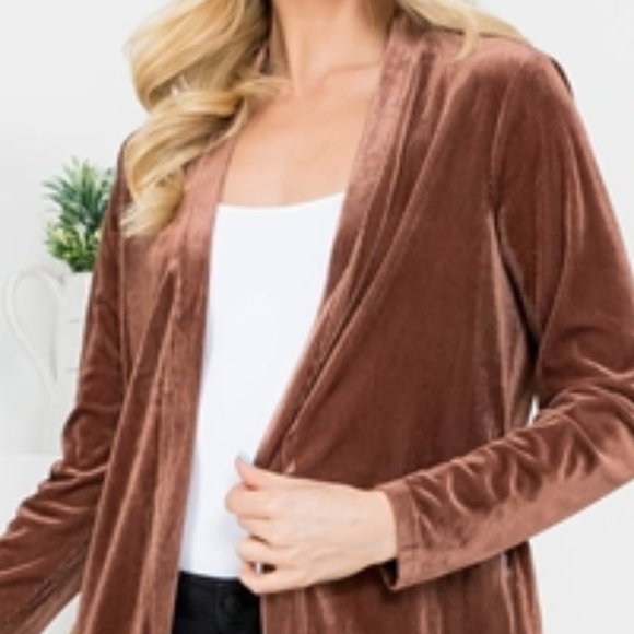BROWN VELVET BELTED DUSTER CARDIGAN - Picture 2 of 2
